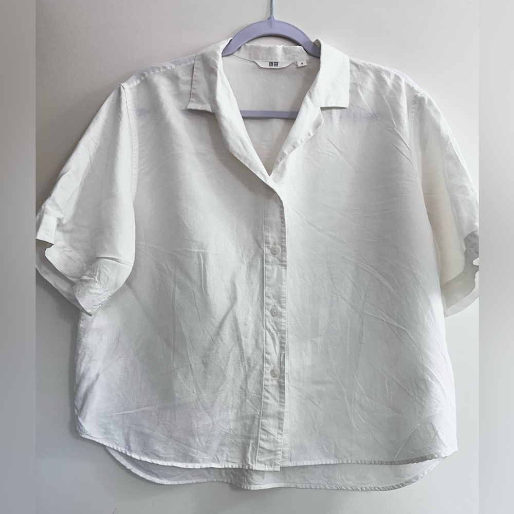 Uniqlo White Linen Blend Open Collar Shirt M | Lightweight Button Up Top - Picture 2 of 3